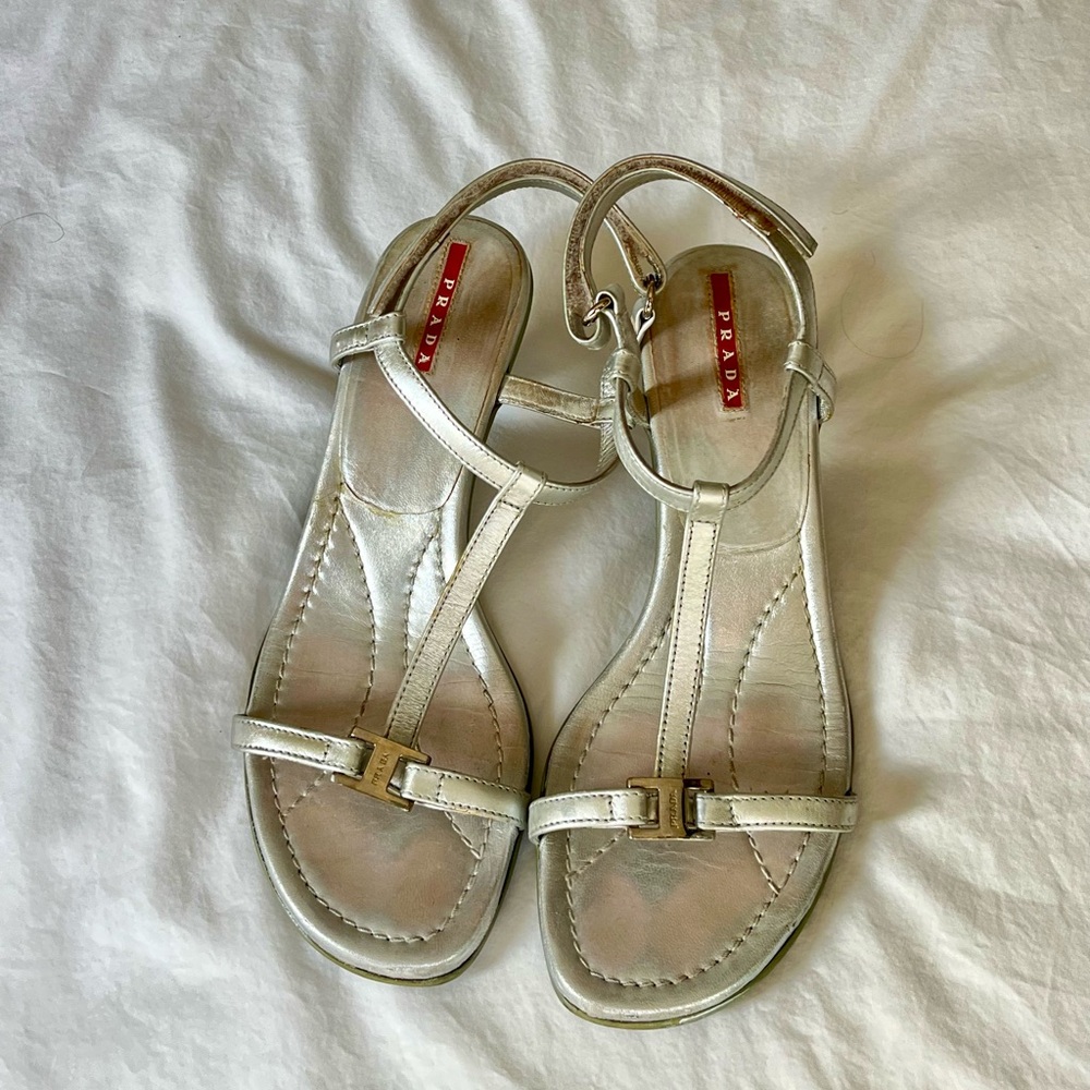 Prada Silver T-Strap Low Heeled Sandals Velcro Closure 8.5 39 - Picture 2 of 7
